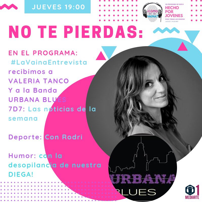 Hoy un programon!!!
En #lavainaentrevista🎤🎧 nos acompaña <a href="/valeriatanco/">valeria tanco</a> festejamos #diadelamusica 🎵🎶 con #UrbanaBlues ademas :
#deporte ⚽️🏀 con @rodrigoquiben28 el #7D7 📰con toda la actualidad y cierra nuestra diva 💁‍♀️ @ladiega_standup a las 19:00 en @mediarteuy señal 1