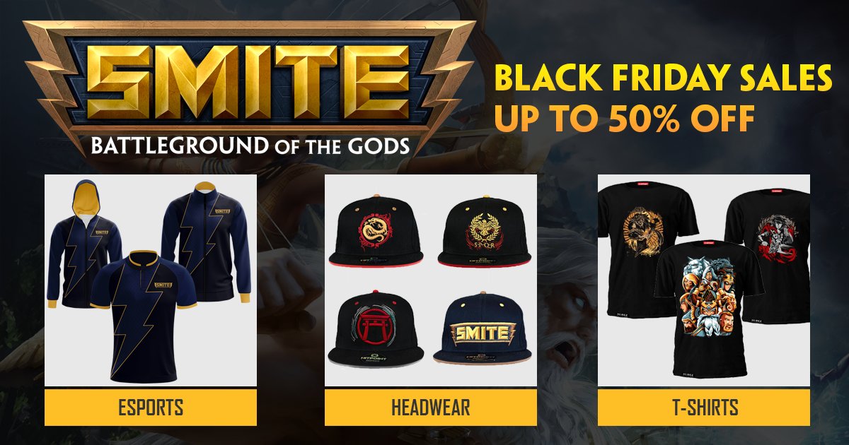 MerchandiseG4ME's tweet photo. Enjoy up to 50% off on @SMITEGame merchandise during Black Friday. Europe and Rest of the World it's this way https://t.co/NzeC0FkUIw and for you US customers, it's this way https://t.co/BurY0mKry8 https://t.co/ioR45gzvpk