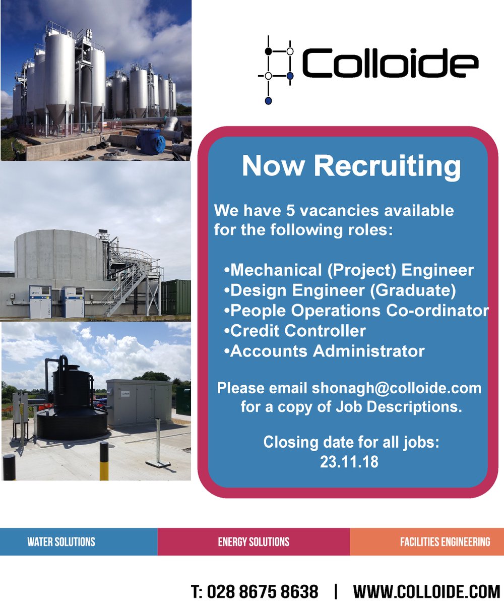 Colloide's tweet photo. Tomorrow (23.11.18) is the closing date for all our vacancies.
These vacancies include:
- Mechanical (Project) Engineer
- Design Engineer (Graduate)
- People Operations Co-ordinator
- Credit Controller
- Accounts Administrator
#TeamColloide #Engineering #Recruitment https://t.co/Wydx8L1DwT