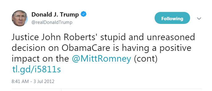 2) Trump doesn't like Roberts. First time he went after him was on Jul 3, 2012. Trump's historical tweets give you context, these two have a history, and clearly Trump doesn't like him.  #QAnon