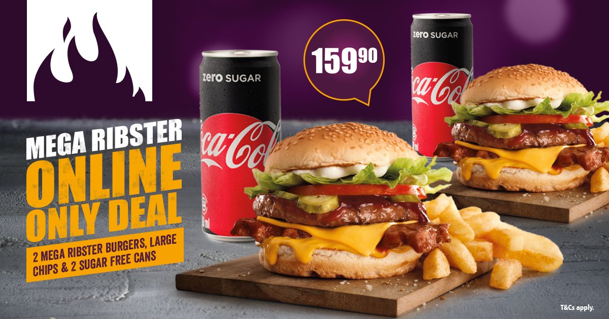 SteersSA's tweet image. Grab the deal with #Errthang for you and a friend! Order the Mega Ribster Online Only deal and get 2 Mega Ribster King Steer Burgers, 1 large chips and a 1L sugar free Coke for only R159.90. Order online now: bit.ly/28JSItg