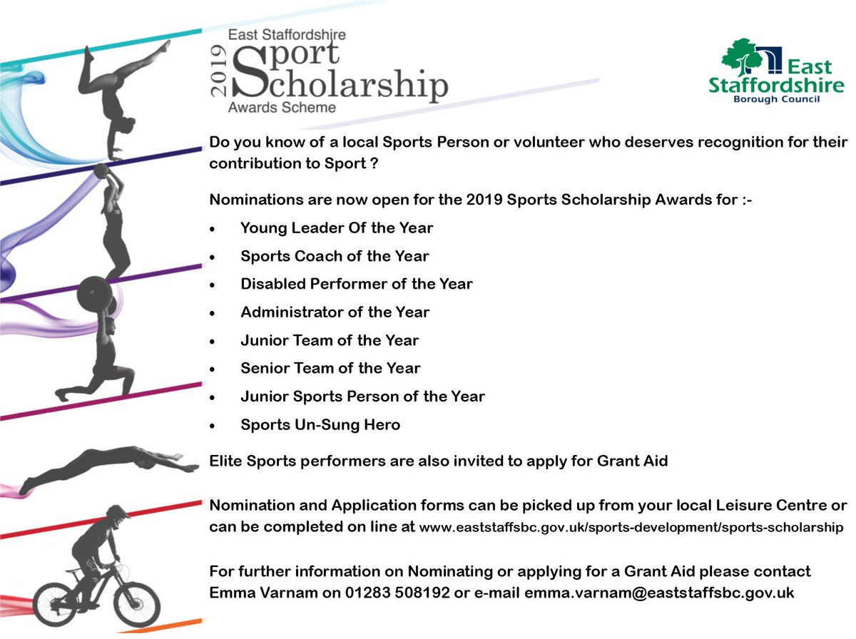 Do you know a local Sports Person who deserves recognition for all their hard work? Nomination are open for the 2019 Sports Scholarship Awards, <a href="/WinshillYouthFC/">Winshill Youth FC</a> <a href="/BurtonASC/">Burton Swimming Club</a> <a href="/TrentRC/">Trent Rowing Club</a> <a href="/BartonHockey/">Barton Hockey Club</a> <a href="/BUNCC/">Barton Cricket Club</a> @MeadowsideLC <a href="/UttoxeterLC/">Uttoxeter L C</a> <a href="/ShobnallLC/">Shobnall L C</a>