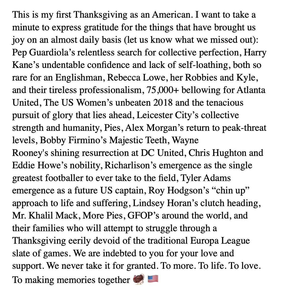 rogbennett's tweet photo. My First Thanksgiving as an American. Here are the things I am grateful for 🇺🇸🦃🍻 https://t.co/GBGJgBTEHE