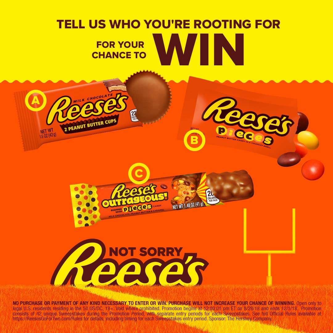 reeses's tweet image. Who are you rooting for this weekend? 
A. REESE’S Peanut Butter Cups 
B. REESE’S PIECES Candies
C. REESE’S OUTRAGEOUS! bar 
RT your pick with #NotSorry and #Sweepstakes for a chance to win a $50 @Amazon Gift Card! NoPurchNec. Rules: bit.ly/2wu6Uny
