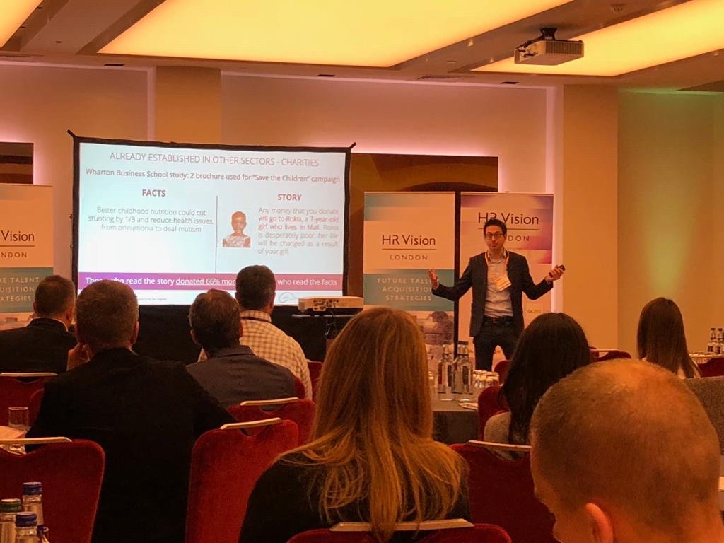 pathmotion's tweet photo. "Stories are more emotive and immersive than facts, and immersion is the closest predictor of whether someone will take action and apply!" Co-founder @davriv speaking at @HRVisionEvent. #HRVision18 https://t.co/jxsAAt9Tj6
