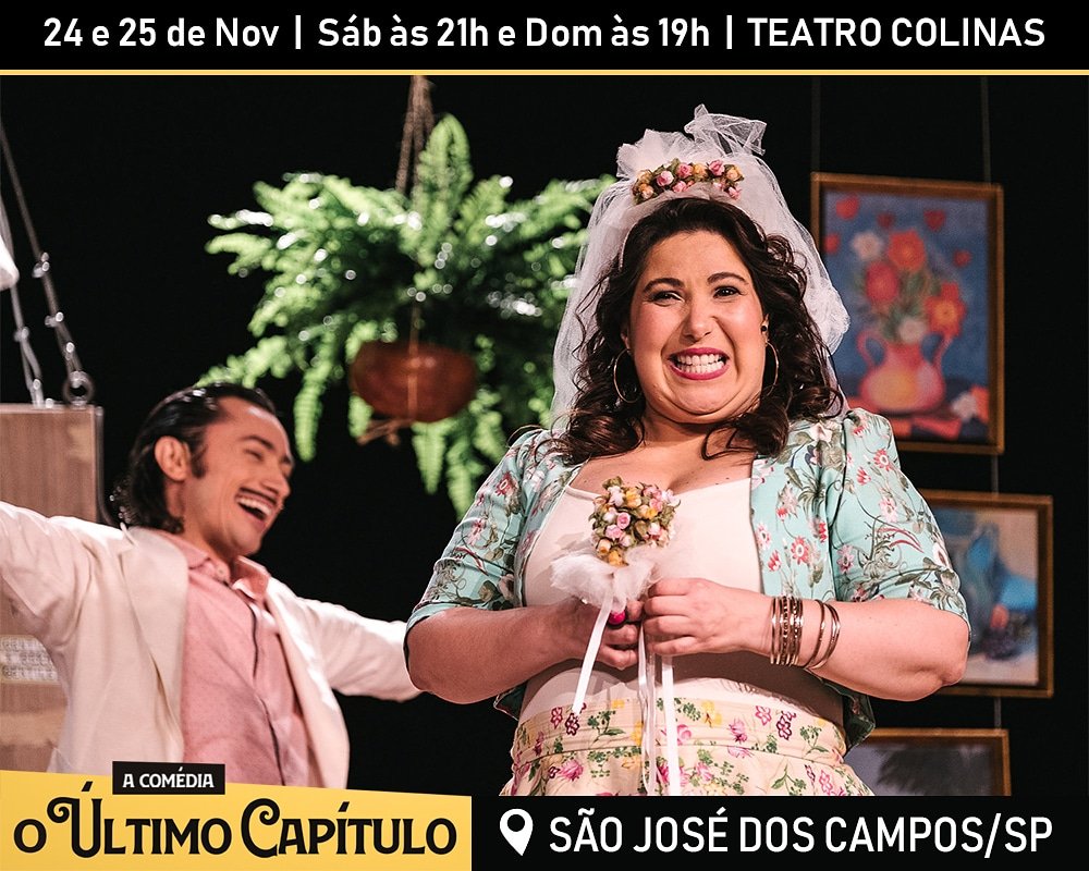 Próxima parada: SÃO JOSÉ DOS CAMPOS/SP! ✈️

Dias 24 e 25 de Novembro, sábado às 21h e domingo às 19h no <a href="/TeatroColinas/">Teatro Colinas</a>. Ingressos a partir de R$ 30 (meia), à venda na bilheteria ou no site do teatro.

A <a href="/marixareal/">Mariana Xavier</a> e o #clebersalgado esperam vocês! #Turnê #OÚltimoCapítulo