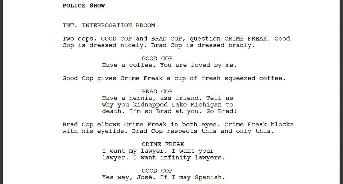 KeatonPatti's tweet photo. I forced a bot to watch over 1,000 hours of police shows and then asked it to write a police show of its own. Here is the first page. https://t.co/11PzE5UMN7