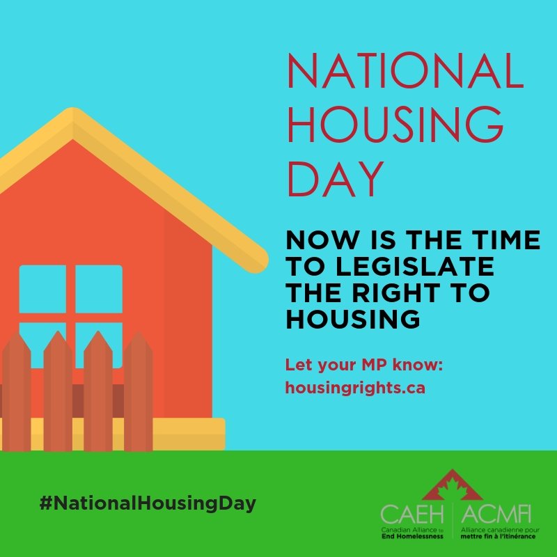 CAEHomelessness's tweet photo. This #NationalHousingDay, let's make sure we're closer to ending homelessness than ever before. Now is the time to legislate the right to housing. 

Read more about why today is important and what you can do to help: https://t.co/WHPoMUT0oT #20KHomes #endhomelessness #cdnpoli https://t.co/ArYMyZECBc