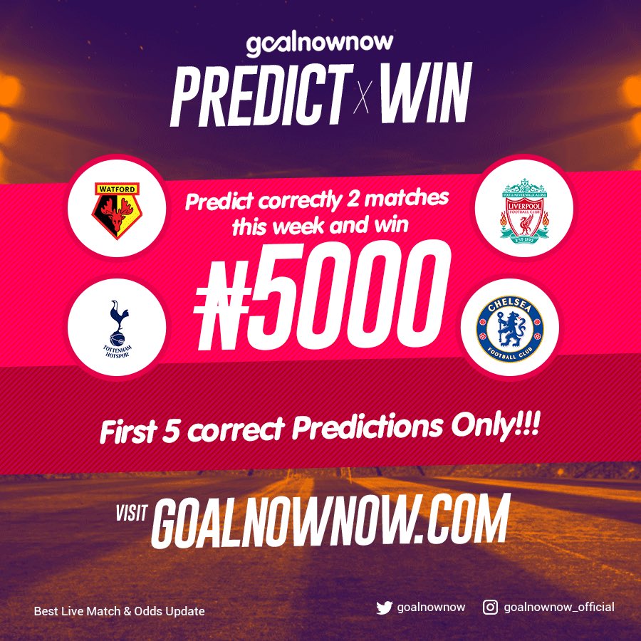 OrigiDoctrine's tweet photo. Predict correctly the scoreline of 2 matches to stand a chance of winning 5,000 Naira. First 5 winners only.
Rules:
-Visit https://t.co/ZbZqSAIBP6 to predict
-Retweet this tweet
-Use the hashtag #predictandwin5k sending us a screenshot of your prediction.
-Follow this account. https://t.co/r2KpF8UwTW