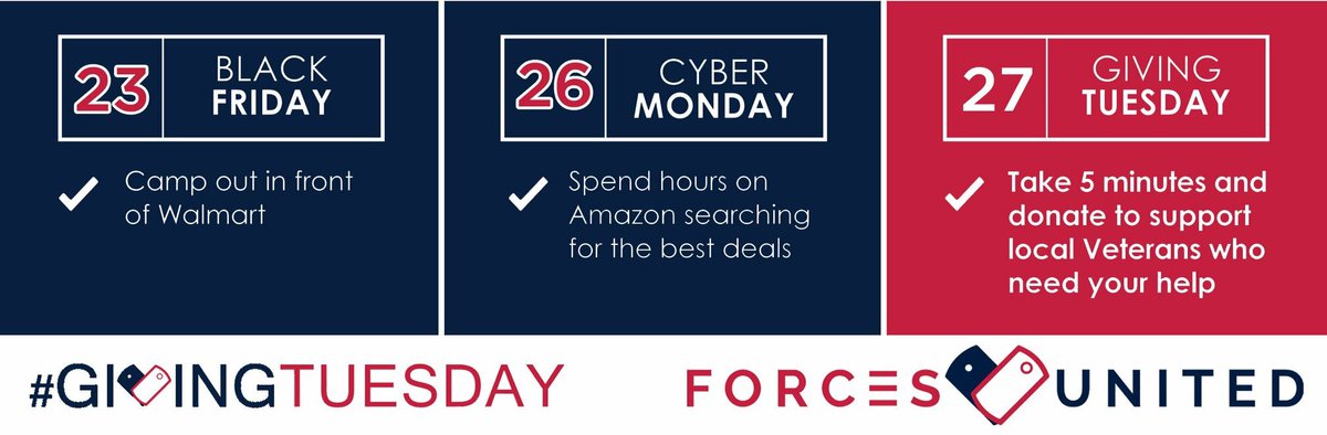 We have two days for getting deals – Black Friday and Cyber Monday. #GivingTuesday is a day for giving back. Every act of generosity counts, and each means even more when we give together. #ForcesUnited #GivingTuesdayForVets #SeasonOfGiving 

Donate Now: forcesunited.org