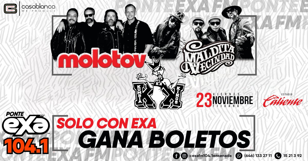exafm_1041's tweet photo. Solo con EXA fm 104.1 gana boletos para ver a tus artistas favoritos!!!
Sintonizanos y podrás ganar boletos para ir a ver a MOLOTOV, MALDITA VECINDAD y KUMBIA KINGS!
Estamos #entodasparte #ponteexa https://t.co/ph63gWQQZp