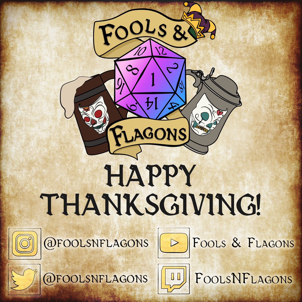 FoolsNFlagons's tweet photo. Due to conflicting schedules and our desire to spend time with family, we have decided to skip playing this week. Enjoy the holiday, and safe travels from all of us here at Fools &amp; Flagons!
.
#foolsnflagons #foolsandflagons #fnf #dnd #dungeonsanddragons #thanksgiving #nostream https://t.co/McztLaTPPZ