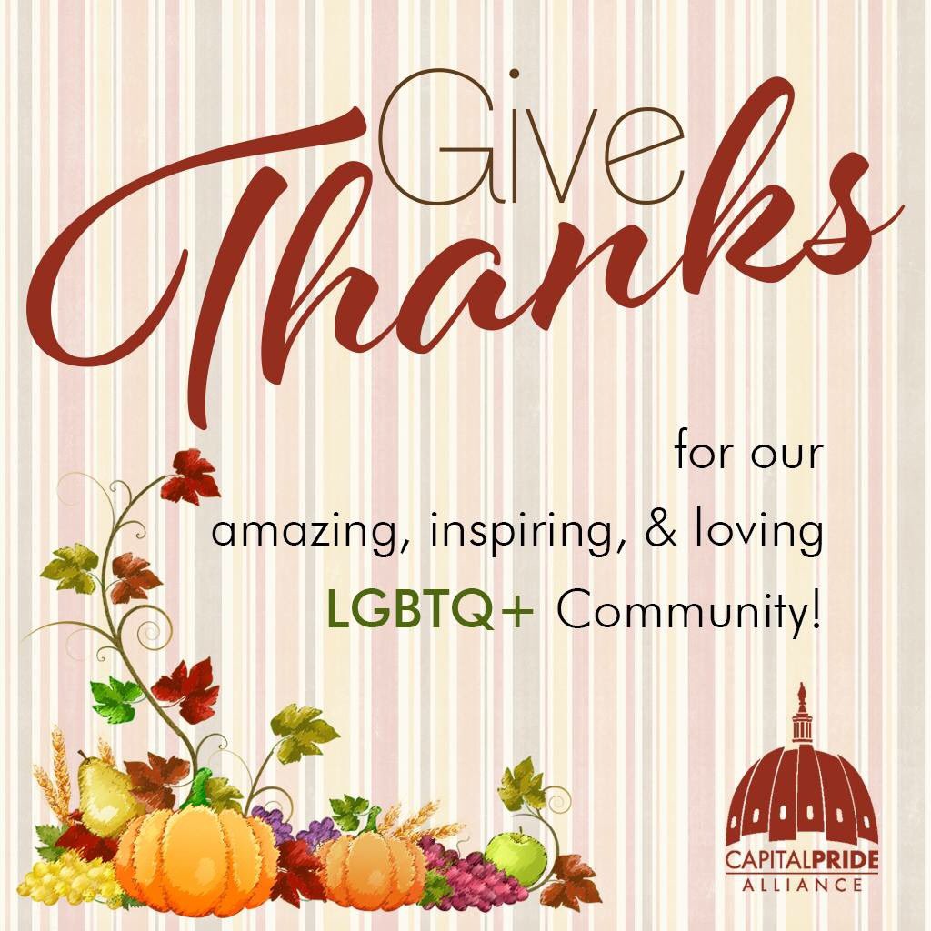 CapitalPrideDC's tweet photo. We wish everyone a wonderful #Thanksgiving Day. Let's all give #thanks365 to our #amazing, #inspiring, & #loving #LGBTQ+ community! #ElementsOfUs #HavePride365 https://t.co/jwY8si4EQC
