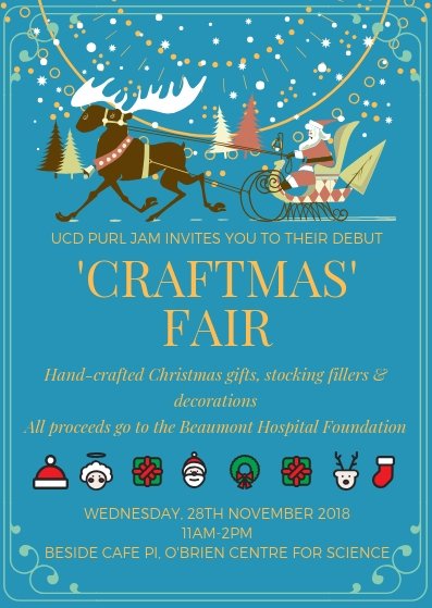 UCDCommunity's tweet photo. We are very much looking forward to attending the UCD Purl Jam 'Craftmas Fair' next Wednesday 28th! There will be hand-crafted Christmas gifts, stocking fillers or decorations made by Purl Jam on sale, with all all proceeds going to the Beaumont Hospital Foundation #ucdpurljam https://t.co/zKU9rTwwNZ