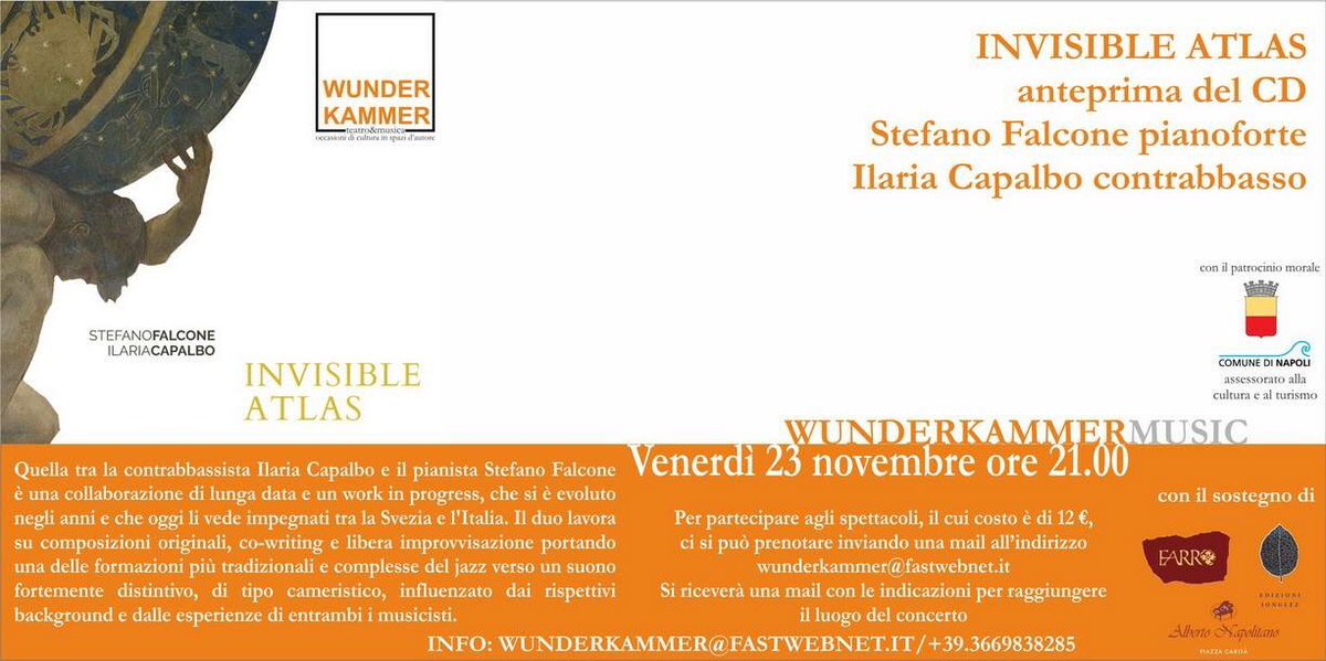 StefanoFalcon10's tweet photo. Invisible Atlas torna a casa per una sera, prima di volare in luoghi inesplorati la prossima settimana! 🌍 🏕️
Domani saremo a Napoli per presentare il disco al pubblico di Wunderkammer. 
Venite! 🙃🙃

#invisibleatlas #wunderkammer #piano #doublebass #music #jazz #stefanofalcone https://t.co/T9YuAx5CGK