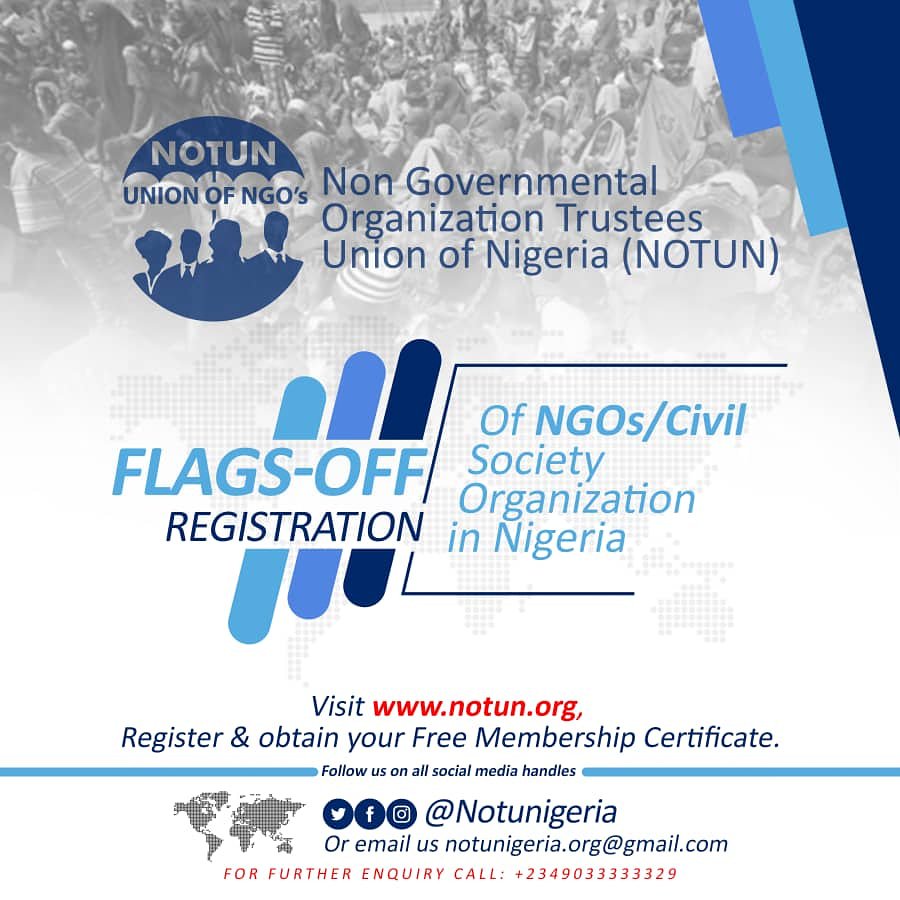 notunigeria's tweet photo. Non Governmental Organization Trustees Union of Nigeria (NOTUN) Commences Registration of NGOs and Civil Society Organizations into the umbrella body. Visit https://t.co/QvtWW57w3z to register
#NOTUN
#Nigeria
#ExcellenceInHumanitarian https://t.co/objPnNrT89
