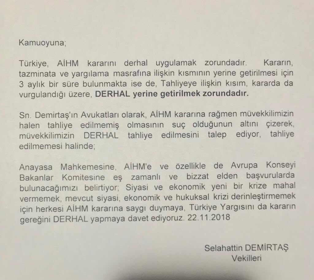 Selahattin #Demirtaş'ın vekillerinden açıklama:Kararda da vurgulandığı üzere Tahliyesi DERHAL yerine getirilmek zorundadır. #AiHMKararınaUyulsun