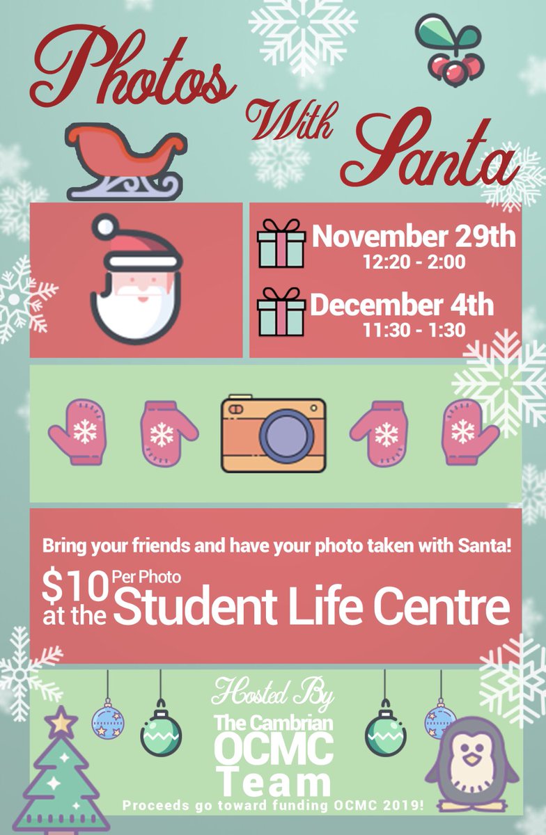 MarnieLStaffen's tweet photo. If you’re @cambriancollege on November 29th and December 4th come get your Santa photos with Professor Dabous making his debut as Santa! All proceeds to the OCMC competition team! https://t.co/ACN2b7tLnA