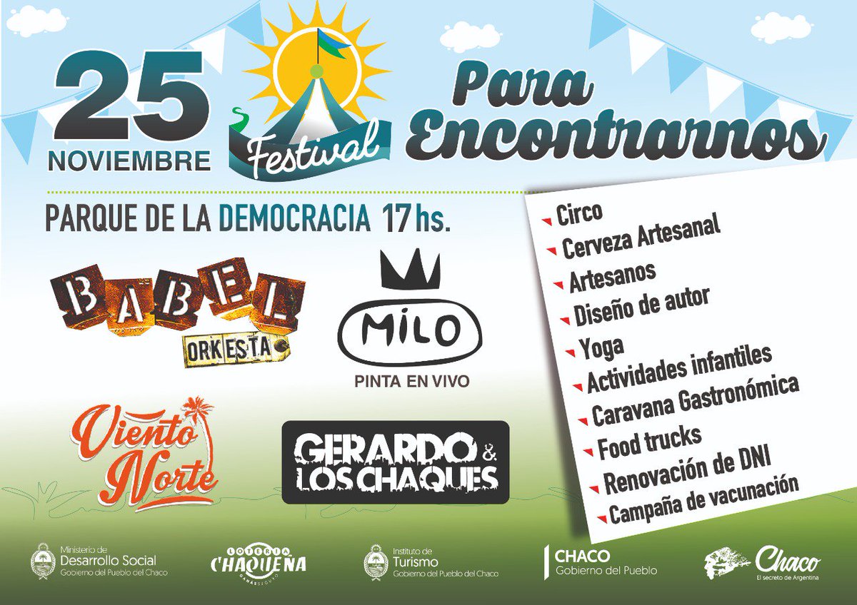 Se viene la última.. este domingo a las 17, #FestivalParaEncontrarnos en el #ParqueDeLaDemocracia. Con #BabelOrkesta, #GerardoYLosChaques, el esperado regreso de #VientoNorte, #MiloLockett pintando en vivo y muchísimo más. Vení a disfrutar en familia. #EntradaLibreYGratuita