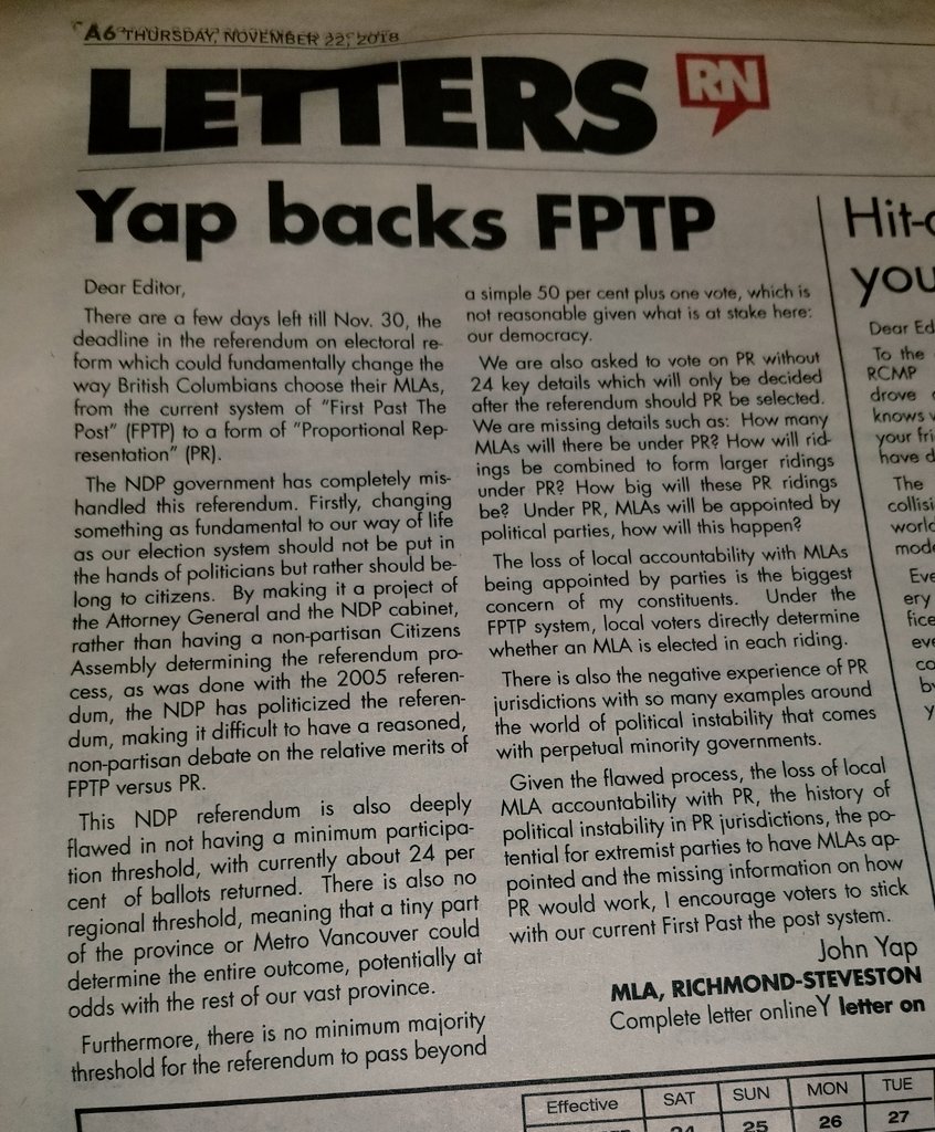 John_Yap's tweet image. Check out my Letter to @TheRichmondNews encouraging voters to #KeepFirstPastThePost #FPTP 

There's still time to get your ballot in! Deadline for ballots to be received by @ElectionsBC is Nov 30 

#NoBCProRep #NoPR #OneAndDone #SaveOurDemocracy
