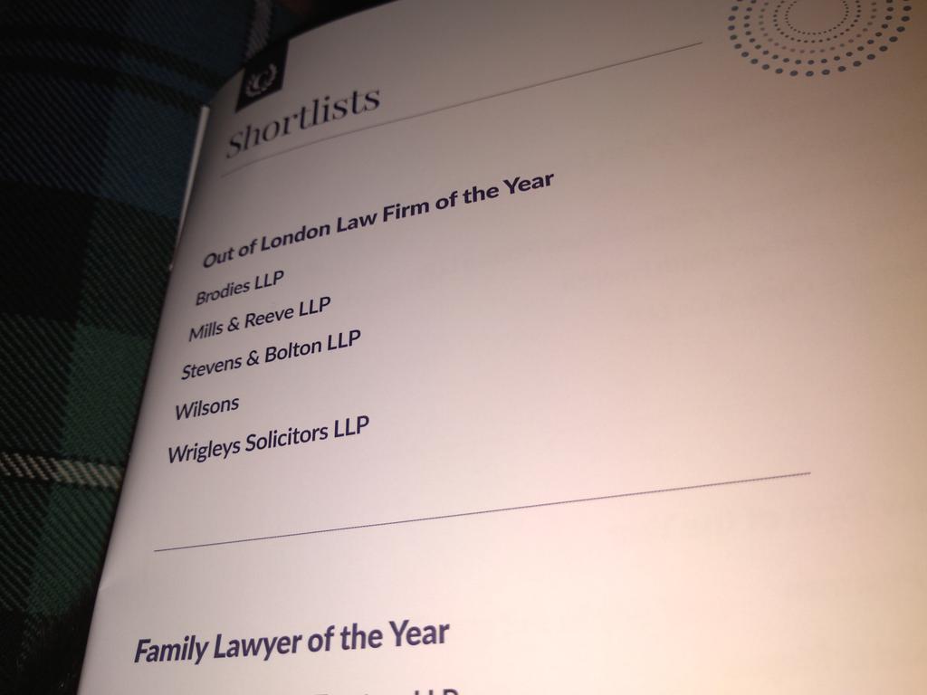 In good company. Good luck all. @Wrigleys_Law @stevens_bolton @MillsandReeve @wilsonslawcom @ChambersGuides #ChambersHNW #Awards