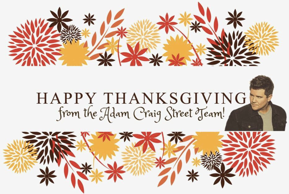 TheACStreetTeam's tweet photo. We are so thankful for all the @AdamCraigMusic fans! We hope you have a beautiful Thanksgiving! #gobbletilyouwobble🦃 https://t.co/fJLlk9bPkx