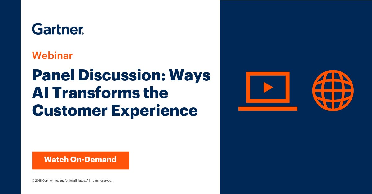 #Customerexperience (#CX) can drive business growth - or hurt it. Watch our panel discussion webinar, 'Ways #AI Transforms the Customer Experience' with @WhitAndrews_ <a href="/galvar60/">Gene Alvarez</a> <a href="/jessekholm/">Jessica Ekholm</a> <a href="/BrianManusama/">Brian</a>, anytime on-demand to learn more: gtnr.it/2Qcfm6Q #GartnerSYM