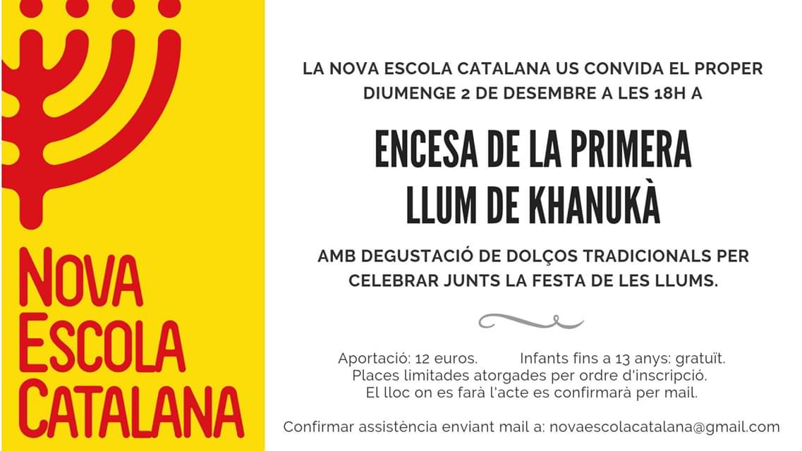 novaescolaCAT's tweet photo. Diumenge 2 de desembre encendrem la primera espelma de Khanukà. Al call de Barcelona. Veniu! https://t.co/jPJTSpD1be