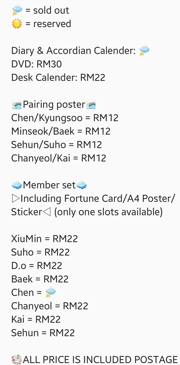 rac_alisson's tweet photo. ⚡EXO SEASON GREETING 2019 LOOSE ITEM⚡
🌩 = sold out
☀ = reserved
💐ALL PRICE INCLUDED POSTAGE WM
🌸DM to place order
#EXO #EXO_SEASONGREETING2019 #SEASONGREETINGS #LOOSEITEMS https://t.co/k62DVXIfrD