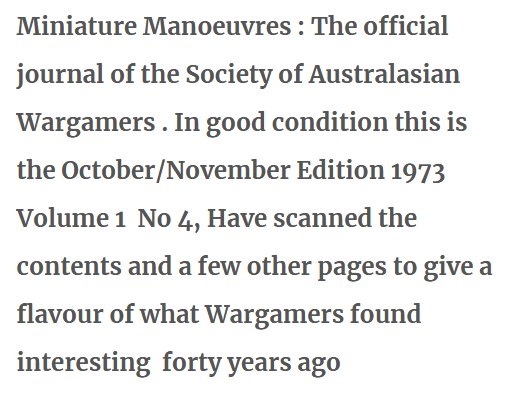 VoltInuOfflclal's tweet photo. Miniature Manoeuvres : The official journal of the Society of Australasian Wargamers, Vol. 1. No. 4 1973 #wargames #wargamers #wargaming #militaryhistory #worldoftanks #WOT #painting #warhammer #tabletop #miniature #models #modeling #miniaturemodeling https://t.co/dr2G2pkRj2 … https://t.co/iFQWXoGrkl