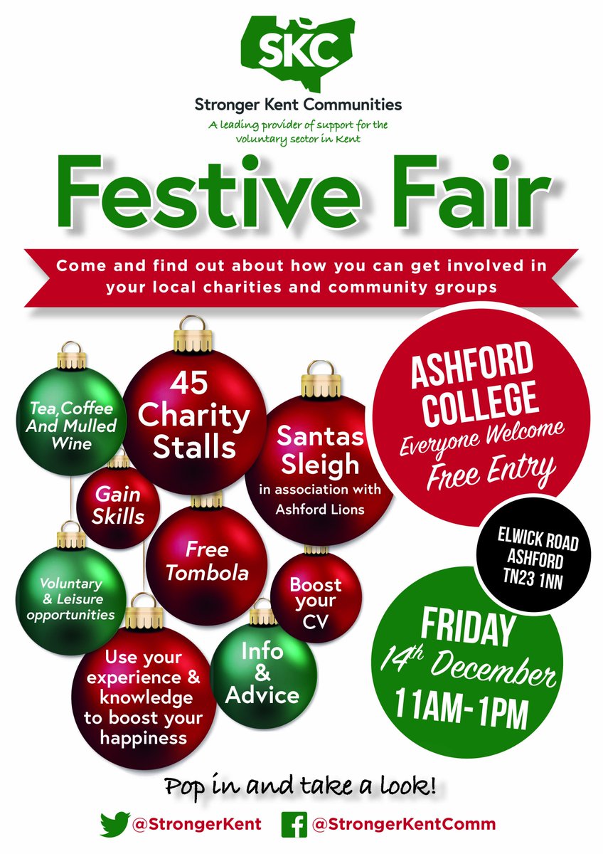 SKCfair's tweet photo. Our next community fair is festive :-)
Join us on Friday 14 Dec @ashford_college 11am - 1pm
@AshfordVC 
Follow our event @Strongerkent 
#Ashford #skcA18
@AshfordArts @AshfordLions @AgeUKAshford @ASDashfordgroup @VictoriaParkABC @FareShareKent https://t.co/SRSzXwldn7
