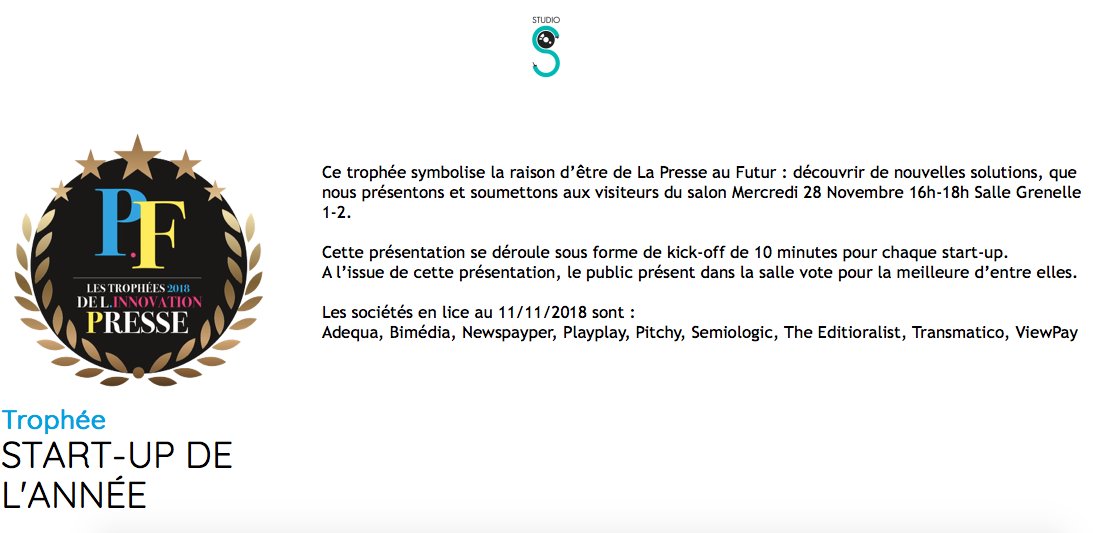 presseaufutur's tweet photo. 🏆Election de la Start-Up de l'année !
↪️RDV-28/11 de 16h à 18h Chaque #startup a 10' pour convaincre. Les nommées: #Adequat @BimediaTV @newspayper_fr @PlayPlayVideo @PitchyProd
#Semiologic @TeamEdito 
@transmatico_com @ViewPayTv
Speaker: @twittmewellnic
https://t.co/XnvLIAjDli https://t.co/3Onnlh4Mij