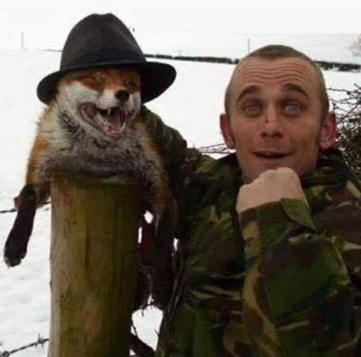 XposeTrophyHunt's tweet photo. A typical fox hunting cunt! Not just content with chasing the scared fox until he collapses with exhaustion, and is jumped on by hounds. He has to take this photo to humiliate him too!! Trash!! @Protect_Wldlife @PeterEgan6 @rickygervais i https://t.co/hAo1V3LxHL