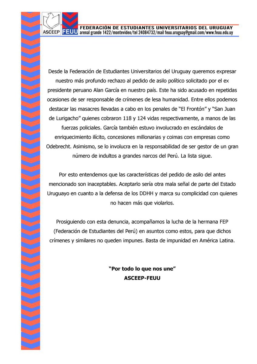 asceepfeuu's tweet photo. Desde la Federación de Estudiantes Universitarios del Uruguay expresamos nuestro más profundo rechazo al pedido de asilo político solicitado por Alan García. https://t.co/79XCLRb47K
