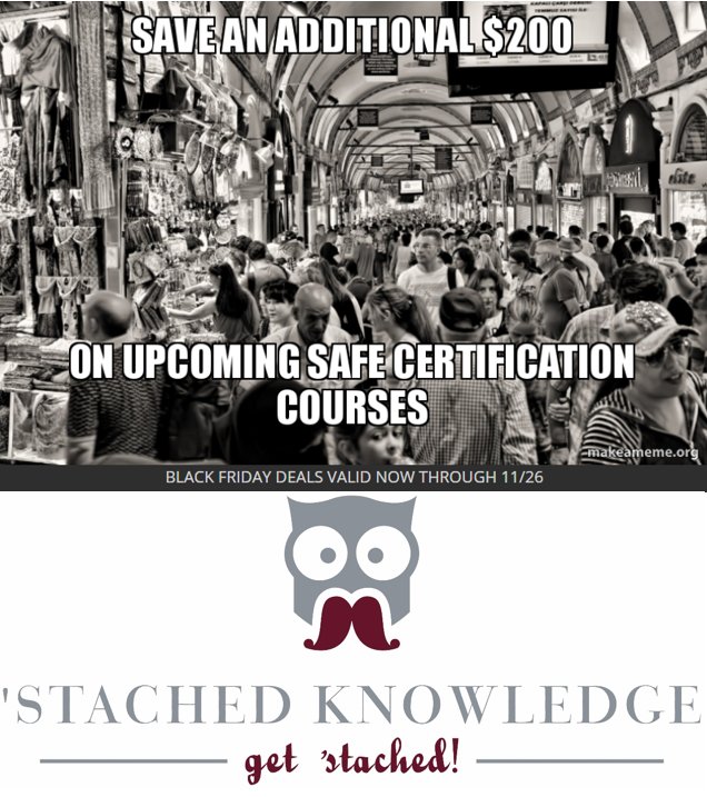 StashedKnow's tweet photo. Black Friday #SAFe Certification Special! Save an additional $200 off already marked early bird pricing for our upcoming courses in #Indianapolis this December, January, and February. Use coupon code BlackFriday2018 at checkout for instant savings! https://t.co/xHsS28GOM5 https://t.co/tMcWOCG0wo