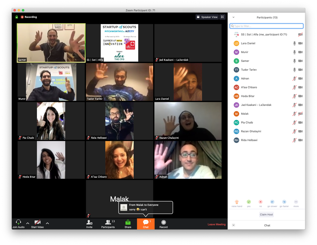 BloomEMEA's tweet photo. Great call today on Financial Mgmt for #Startups w our #StartupScouts teams & @AzarSamer of #AlextheCFO fame! Lots of good questions, on tough topics. Thanks much to our partners @SOILebanon @IdeasLebanon PM @saadhariri @AlfaTelecom @Marwan_Hayek & more! #kulunalilwatan #Nov22 https://t.co/FaADCgT3Jl