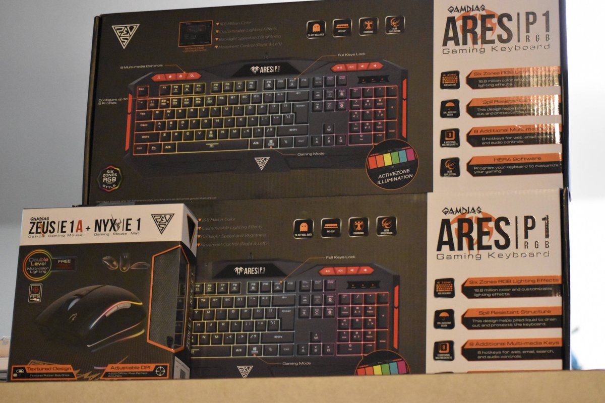 KCGameOn's tweet photo. Shout out to @GAMDIAS for this hardware, to be given away in the KCGameCON2018 raffle!  Get your BYOC ticket and get a chance to win a ZEUS E1 RGB Combo (mouse and mat) and two ARES P1 RGB Keyboards.  We appreciate your support! #kcgamecon2018 https://t.co/Ya6Y5ke6qP https://t.co/BjRCsnQUSA