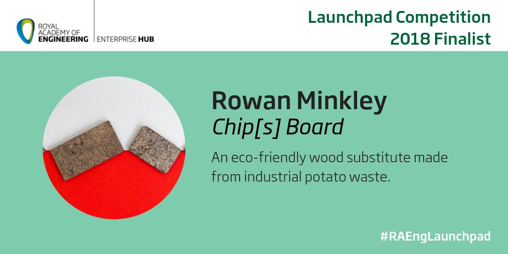 Each year a third of MDF used in industry produced is sent to landfill. Our second finalist Rowan Minkley has invented <a href="/Chips_Board/">Chip[s] Board</a>: a zero-waste, environmentally friendly alternative made from potato waste. #RAEngLaunchpad