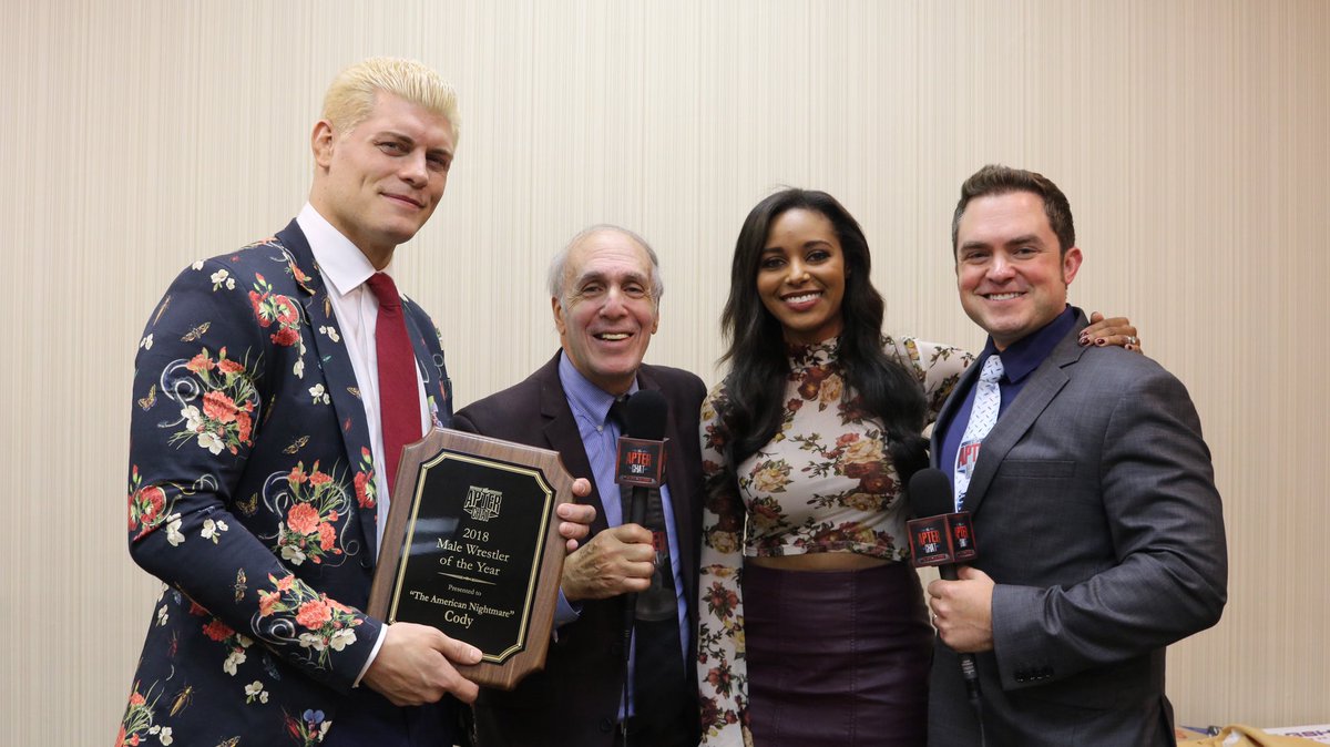 ShernoffShow's tweet photo. As Thanksgiving has always been a big #wrestling day, we thought we would announce 
@TheApterChat 2018 Male #WrestleroftheYear is @CodyRhodes!!
Congratulations Cody, you’ve earned it!  Check out the video of Cody accepting his award.
https://t.co/TulfkKdtI9 https://t.co/jZJGysMAgn