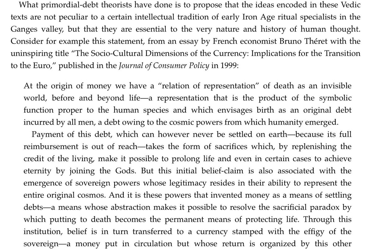 Wow this bit from French economist Bruno Theret is a galaxy-brain level take. There’s a relationship between the debt of human existence itself, to the Gods, and the debt we have to each other...? Wild. I ship it.