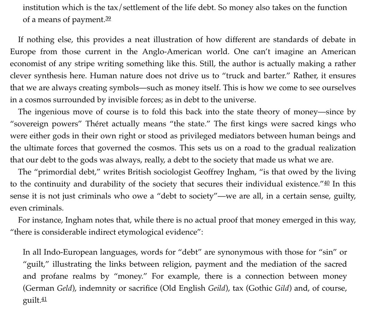 Wow this bit from French economist Bruno Theret is a galaxy-brain level take. There’s a relationship between the debt of human existence itself, to the Gods, and the debt we have to each other...? Wild. I ship it.