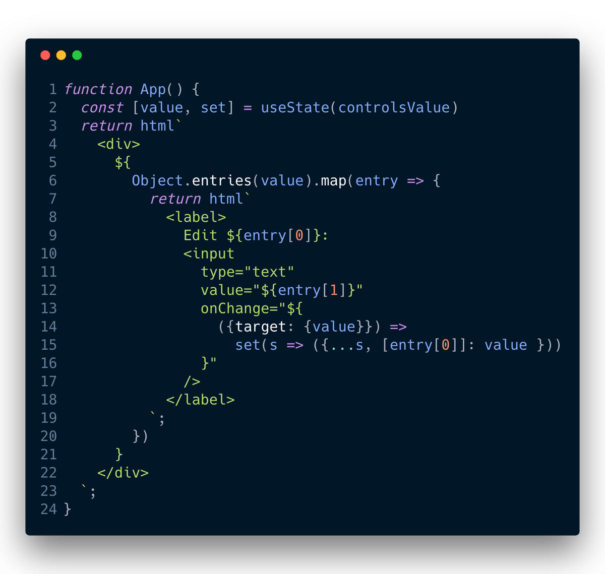 Using <a href="/_developit/">Jason Miller 🦊⚛</a>'s htm library and react hooks makes for a really cool way to POC ideas without needing to setup babel or parcel or whatever.