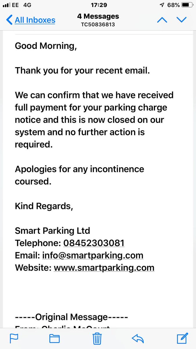 NicolaMcCourt7's tweet photo. Nice one @smartparktech perhaps with all of the money you make from ridiculous parking tickets you could pay someone to use spell check. #notmyticket youโll be happy to know that no incontinence was coursed on this occasion https://t.co/6BEUbtT2Ls