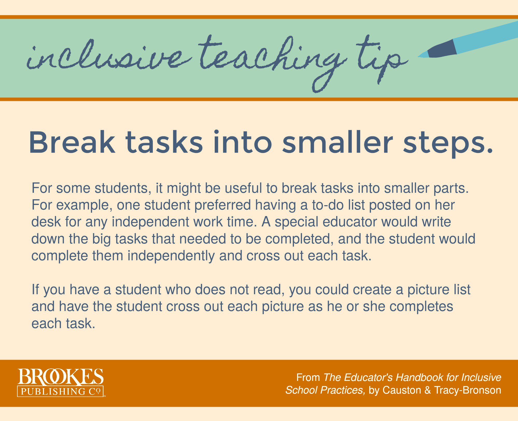 Brookes Publishing Teachertip Break Your Assignments Into Smaller Steps To Help Students Stay On Task Inclusion Iechat T Co Btv0p1akdd Twitter