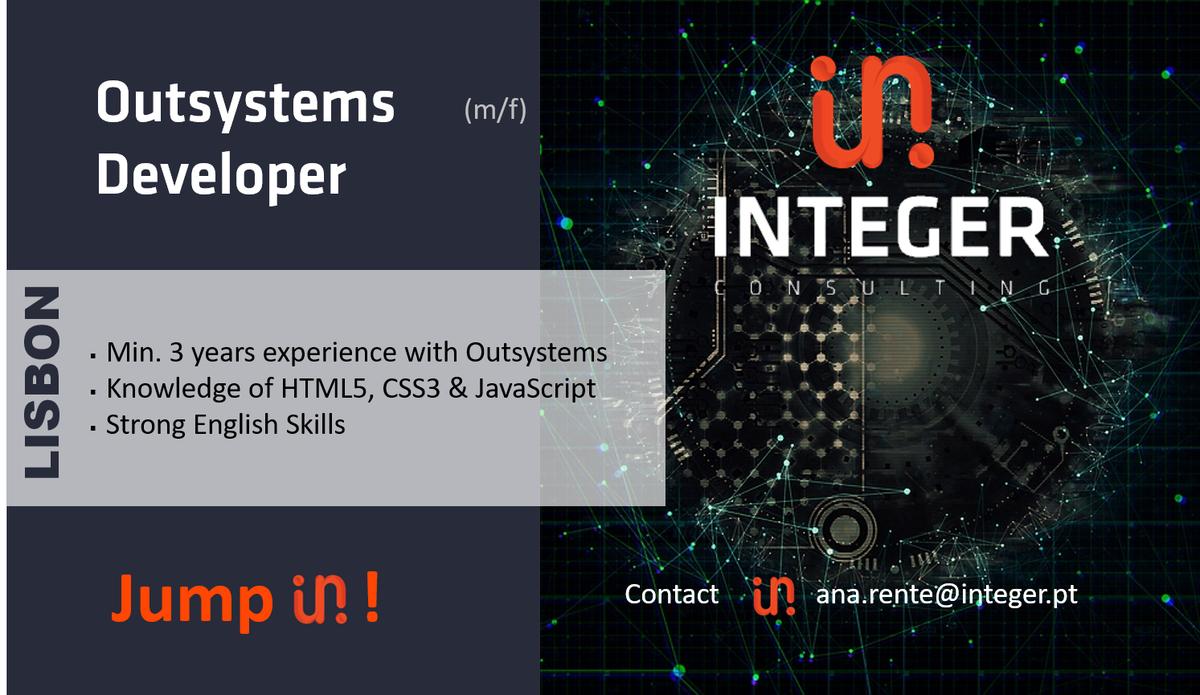 integer_consult's tweet photo. Hiring! Outsystems Developer, Lisbon, JUMP IN! ana.rente@integer.pt  💼#integerconsulting #ITjobs #Lisbon #Outsystems #developers #html5  #css3 #javascript #english https://t.co/uglG6UXg3B