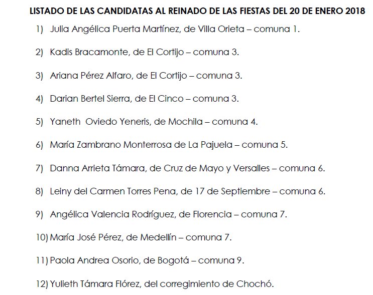 Nuestra gerente de la #CorporaciónFiestasDel20DeEnero Taryn Gil anuncia que ya fueron seleccionadas las candidatas al reinado de las #FiestasDel20DeEnero2019 y de paso los invita para que se programen en diciembre con las coronaciones e imposición de bandas de cada una de ellas.