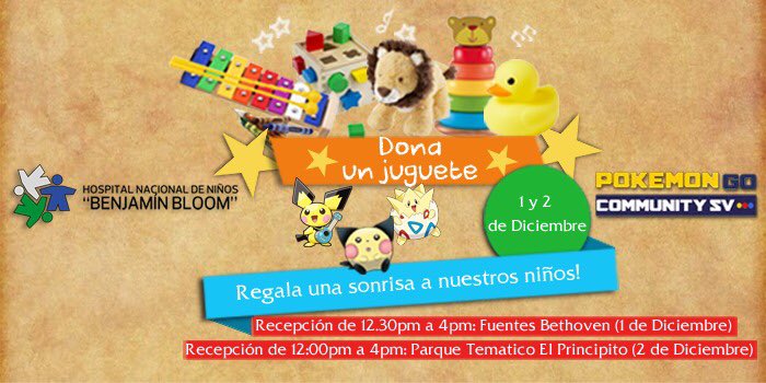 PokemonGo_SV's tweet photo. Como comunidad hemos decidido hacer algo diferente... Este Community Day comparte con los más necesitados: Estaremos recolectando juguetes para los niños de Hospital Nacional ”Benjamín Bloom”. 1 y 2 de diciembre. Info acá: 👇🏻 https://t.co/2umcMVK3yG