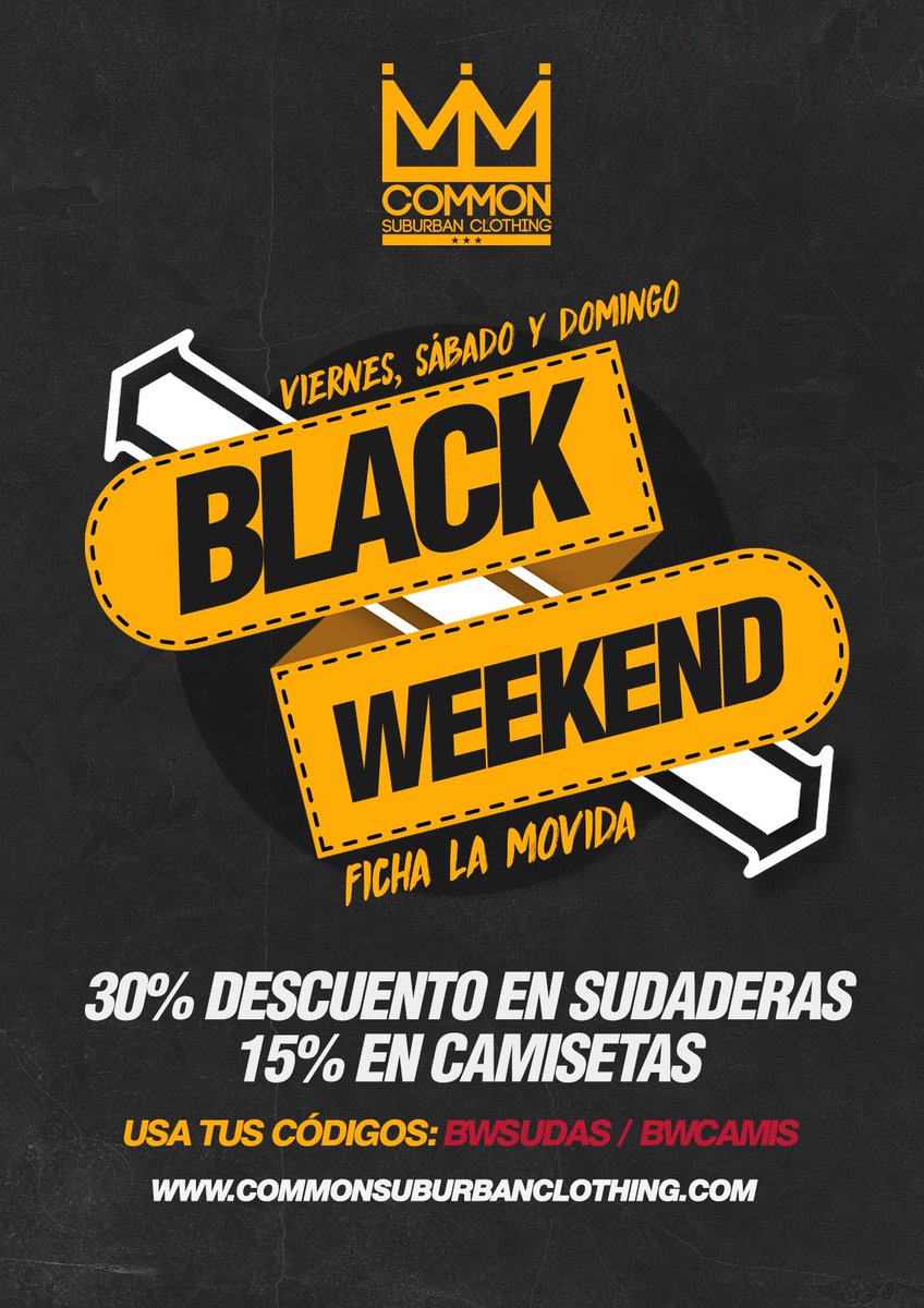 COMMONSCLOTHING's tweet image. Familia! a partir de las 0:01 podéis disfrutar del BLACK WEEKEND en nuestra tienda online, descuentos en sudaderas y camisetas! Daros prisa que vuelan! commonsuburbanclothing.com