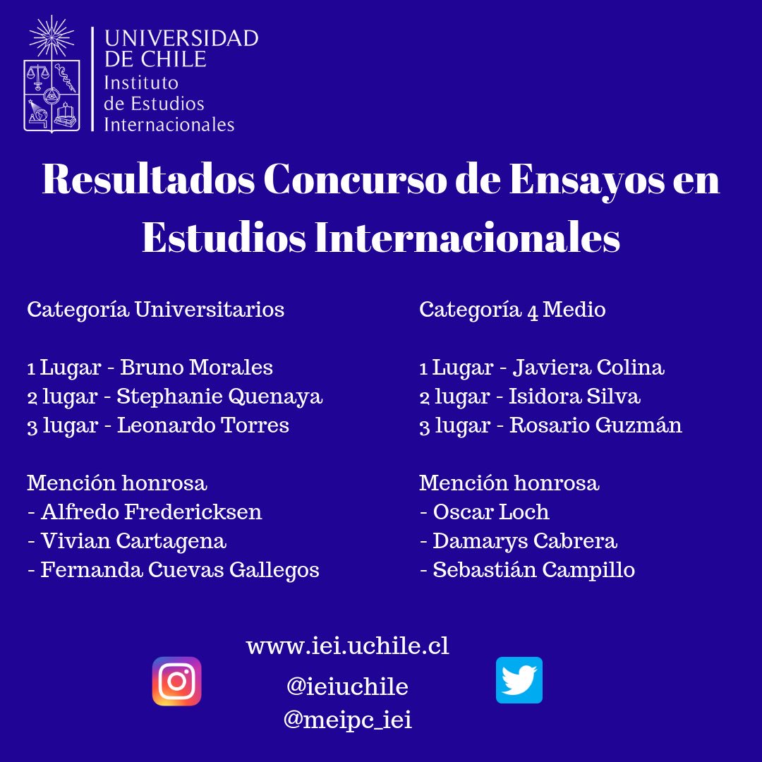 ieiuchile's tweet photo. Premiación Concurso de Ensayos IEI 2018
Felicitamos a todos los participantes y ganadores

Prof. José Morandé nos cuenta sobre el estudios de las Relaciones Internacionales https://t.co/HnxiUwH6lA
