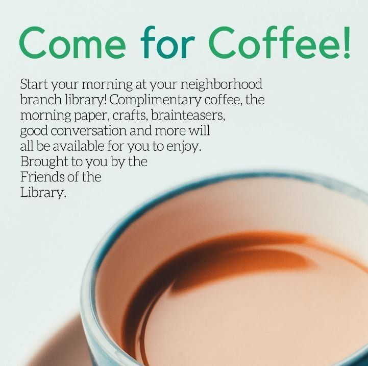 SpfldMassLib's tweet image. Escape to the Library! Come For Coffee 
Fridays | 9-10 AM |Adults 

Stop by the #BrightwoodBranch Friday mornings for coffee and conversation. We&apos;ll have the morning paper out, as well as crosswords and more. Meet new friends. 

#DiscoverYourLibrary #SpfldMassLib #SpringfieldMass